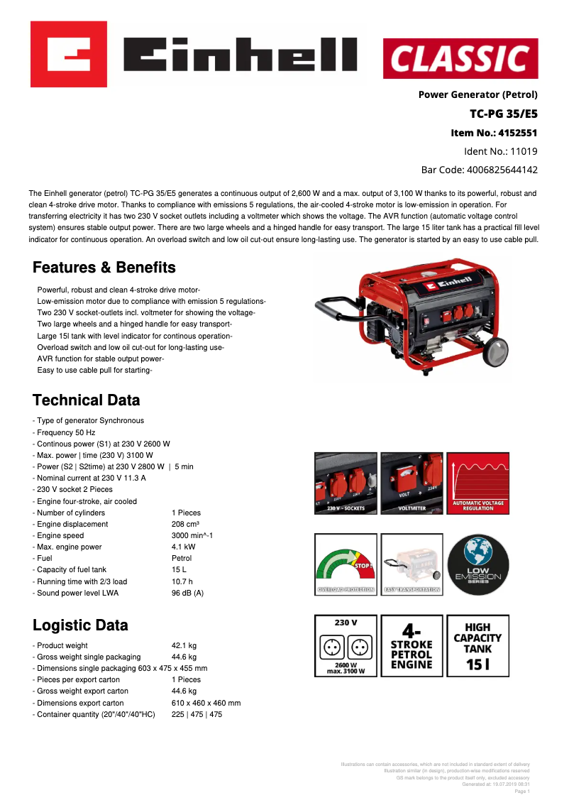 Página 1 del manual Ficha técnica Einhell TC-PG 35/E5