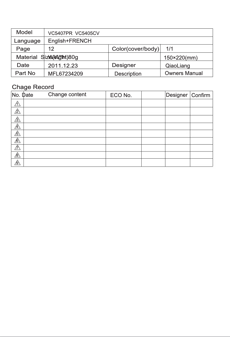 Page 1 de la notice Manuel utilisateur LG VC5407PR