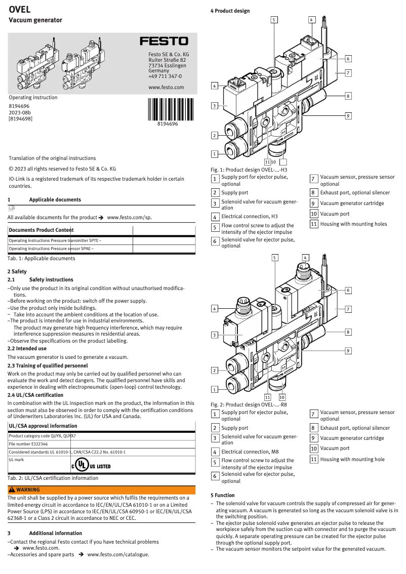Page 1 de la notice Manuel utilisateur Festo OVEL-10-H-15-PQ-VQ6-UA-C-A-B2PNLK-H3