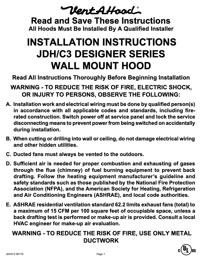 Page 1 de la notice Manuel utilisateur Vent-A-Hood JDH236C3SS