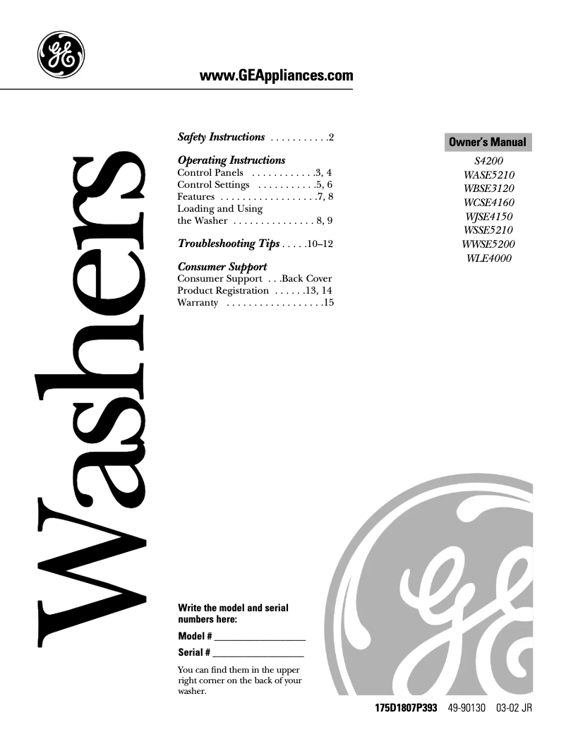 Página 1 del manual Manual de usuario GE WASE5210BWW