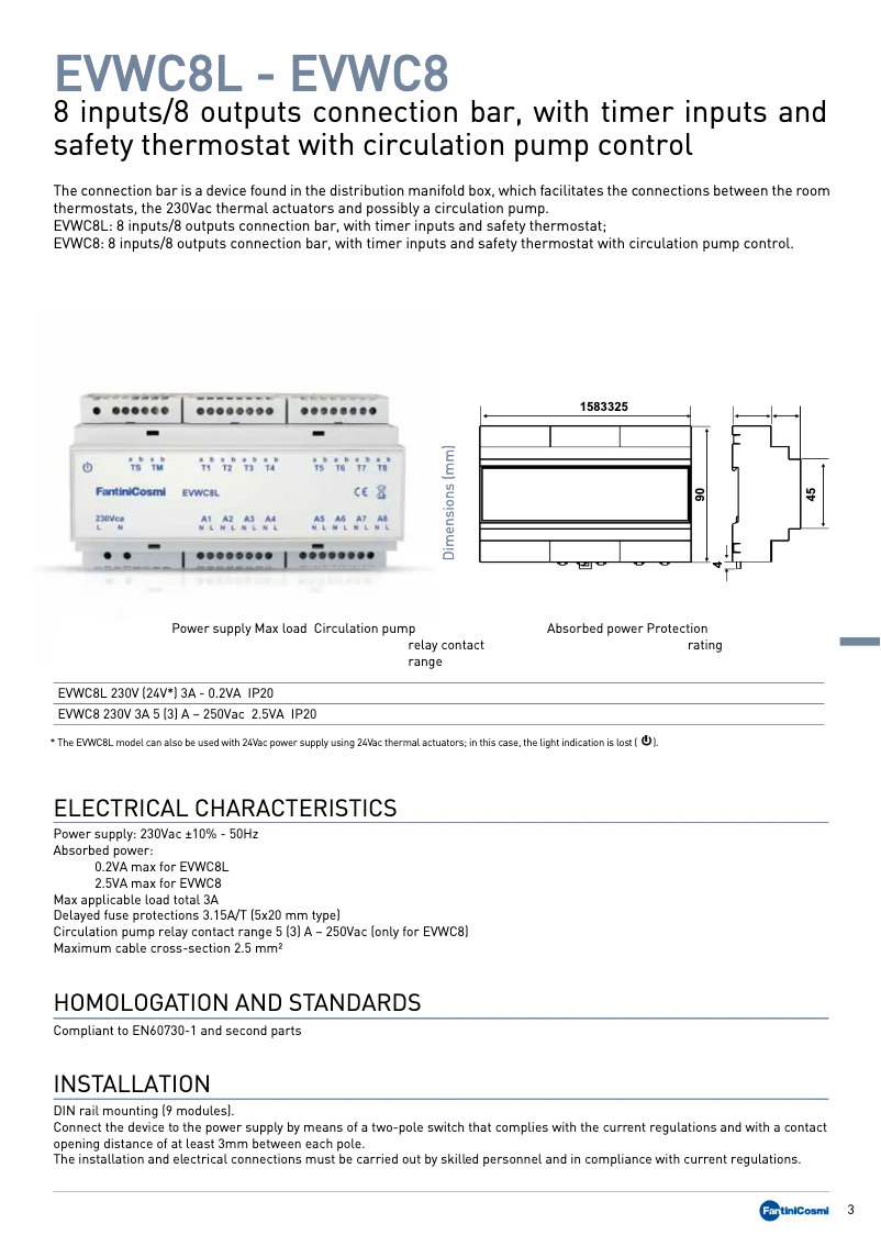 Page 1 of the manual Technical Sheet Fantini Cosmi EVWC8L