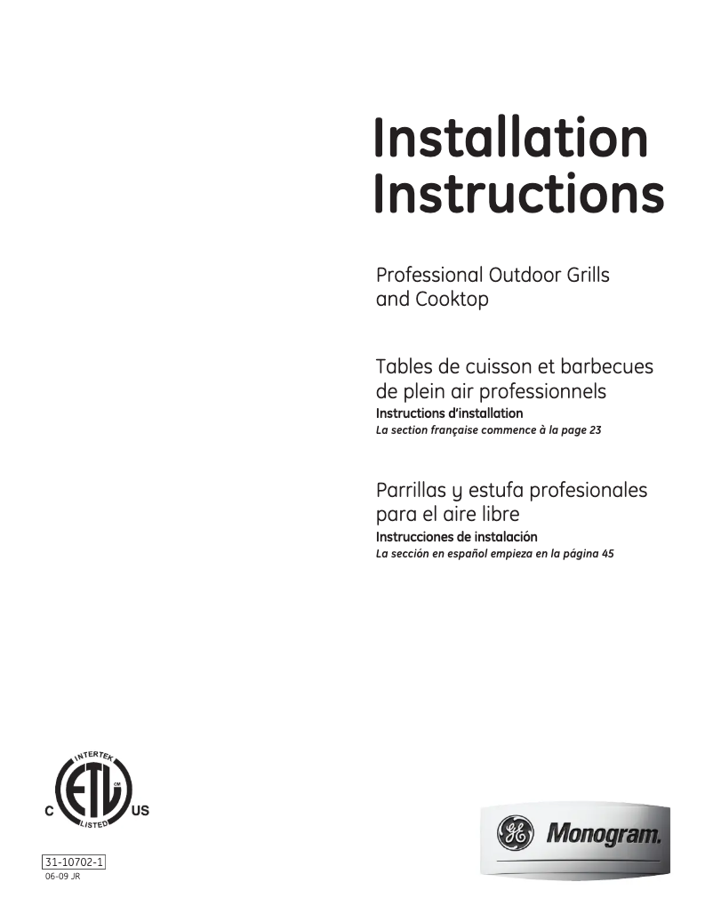 Page 1 de la notice Guide d'installation GE ZGG540LCPSS