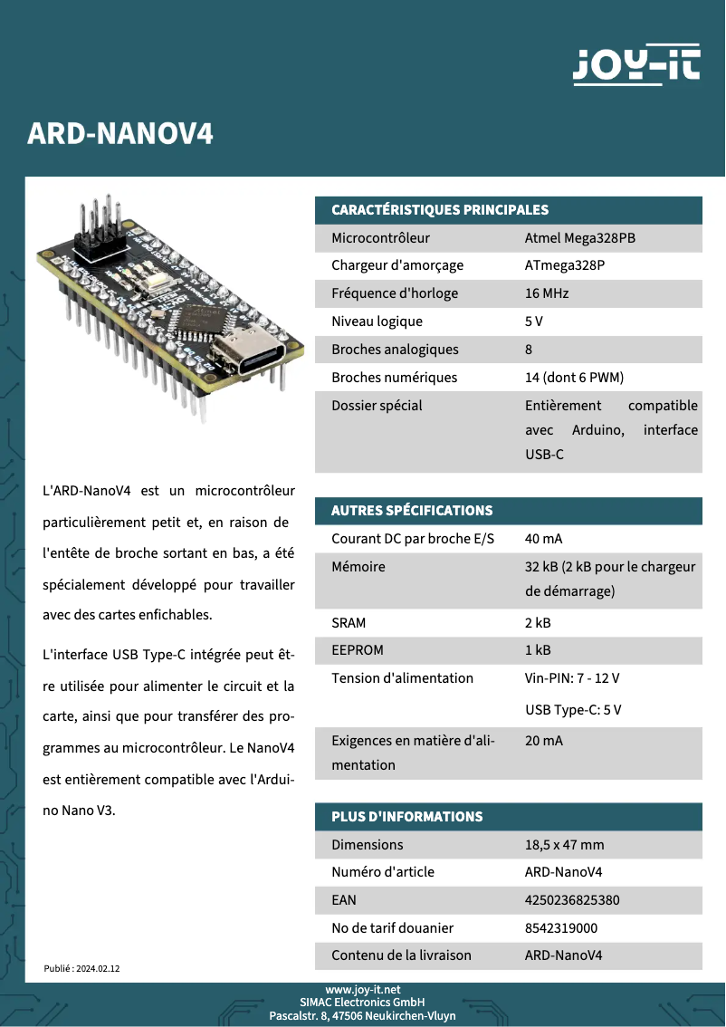 Página 1 del manual Ficha técnica Joy-It ARD-NanoV4