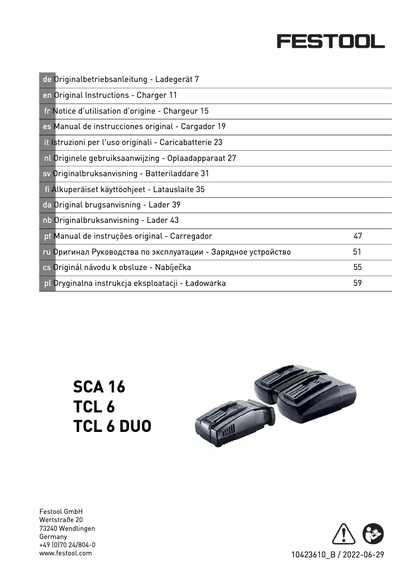 Page 1 de la notice Manuel utilisateur Festool TCL 6
