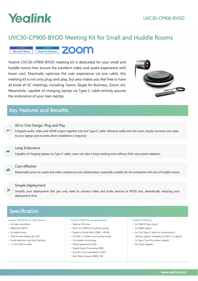 Page 1 de la notice Fiche technique Yealink UVC30-CP900-BYOD