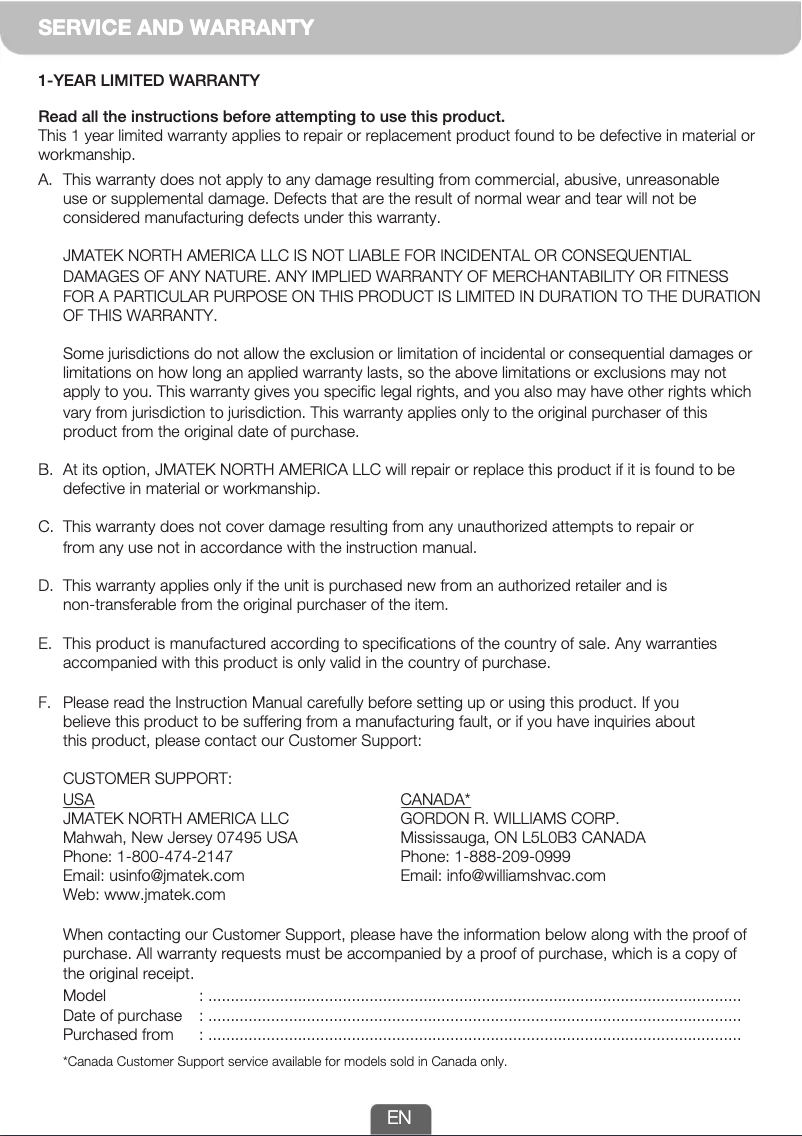 Page 1 de la notice Informations de garantie Honeywell CL201AE