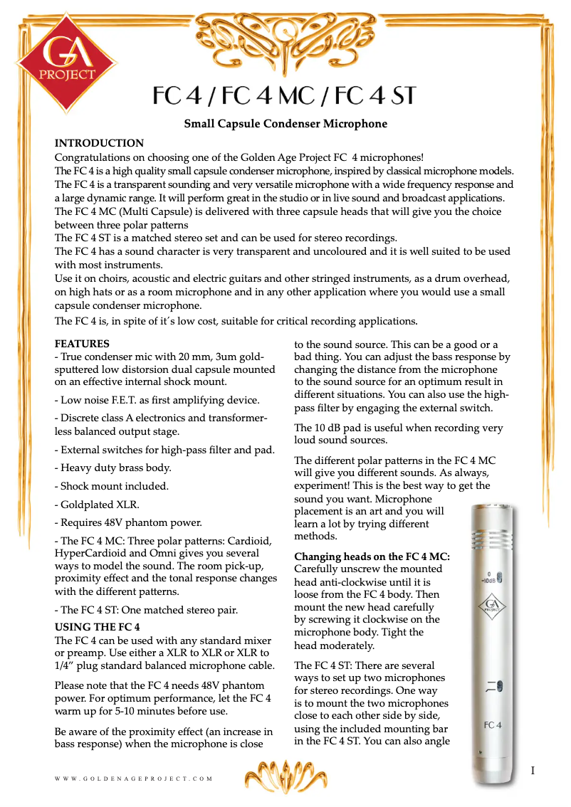 Page 1 de la notice Manuel utilisateur Golden Age Project FC 4