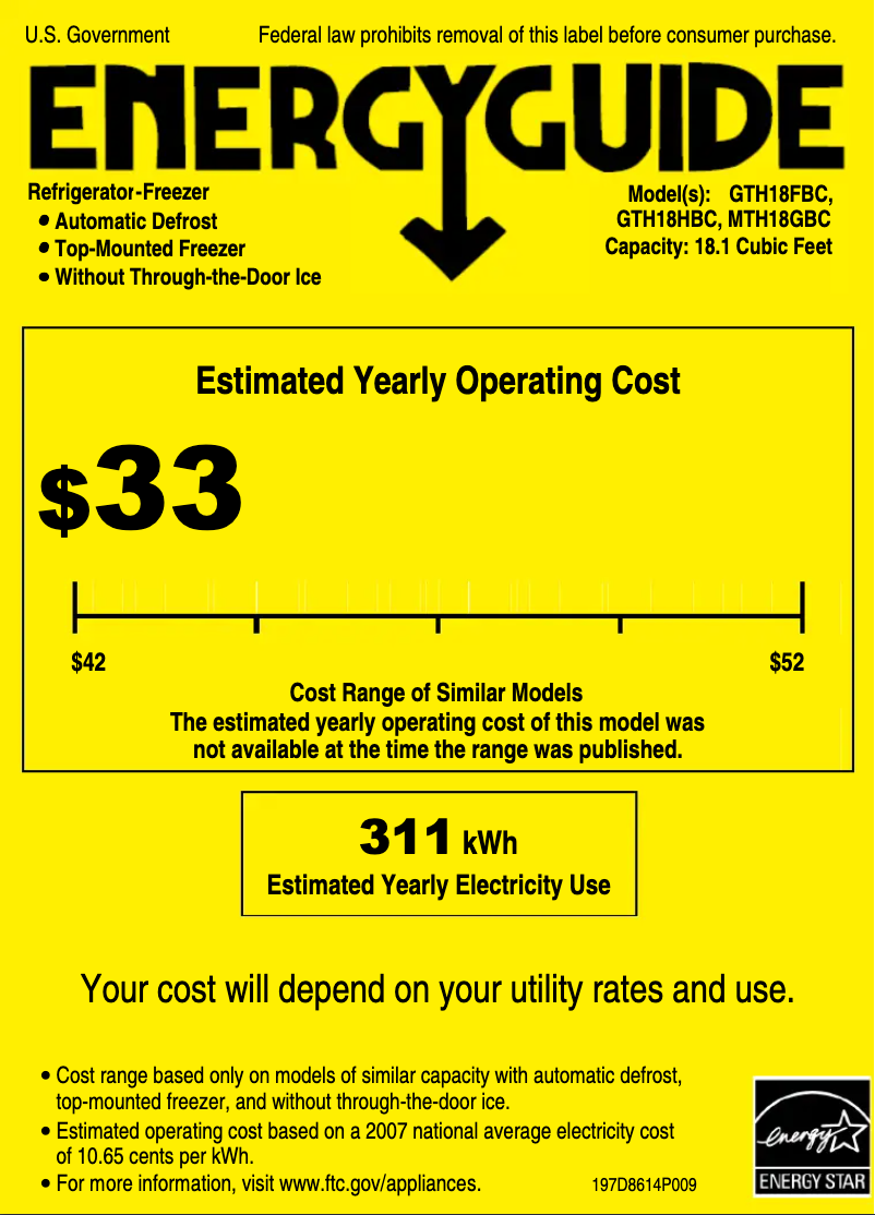 Page 1 of the manual Energy Label GE GTH18HBCCC