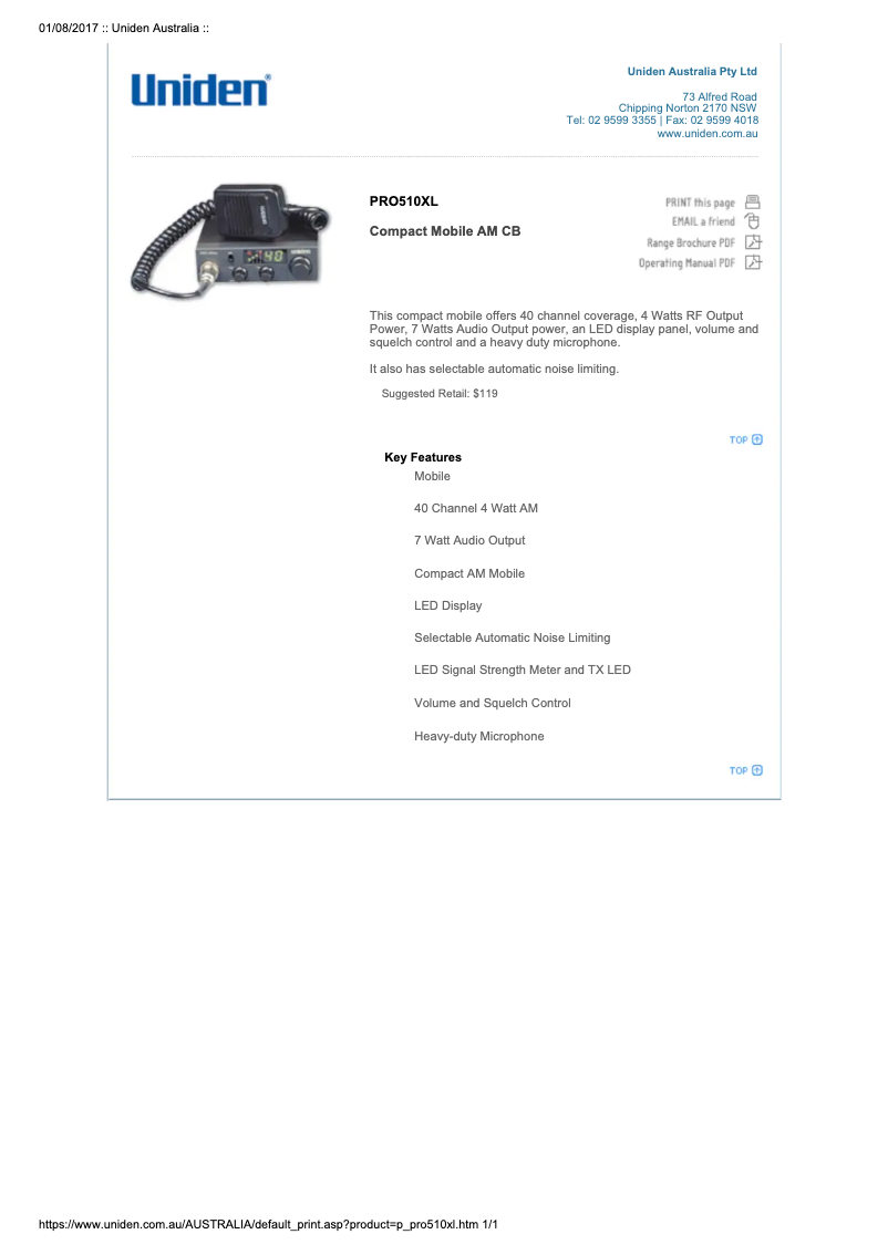 Page 1 of the manual Technical Sheet Uniden PRO520XL