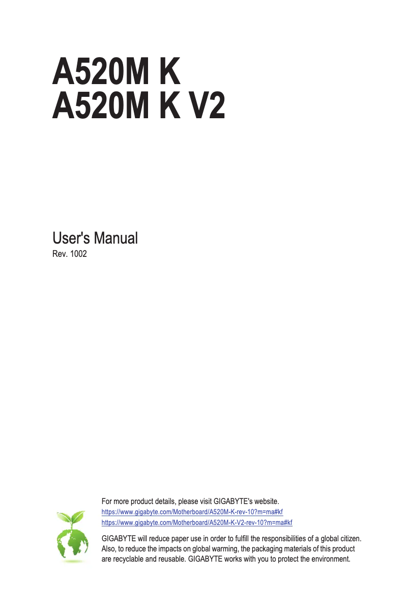 Page 1 de la notice Manuel utilisateur Gigabyte A520M K V2