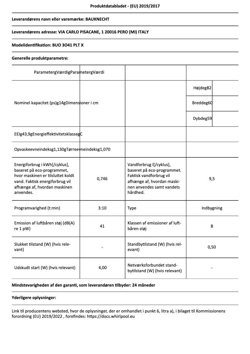 Página 1 del manual Ficha técnica Bauknecht BUO 3O41 PLT X
