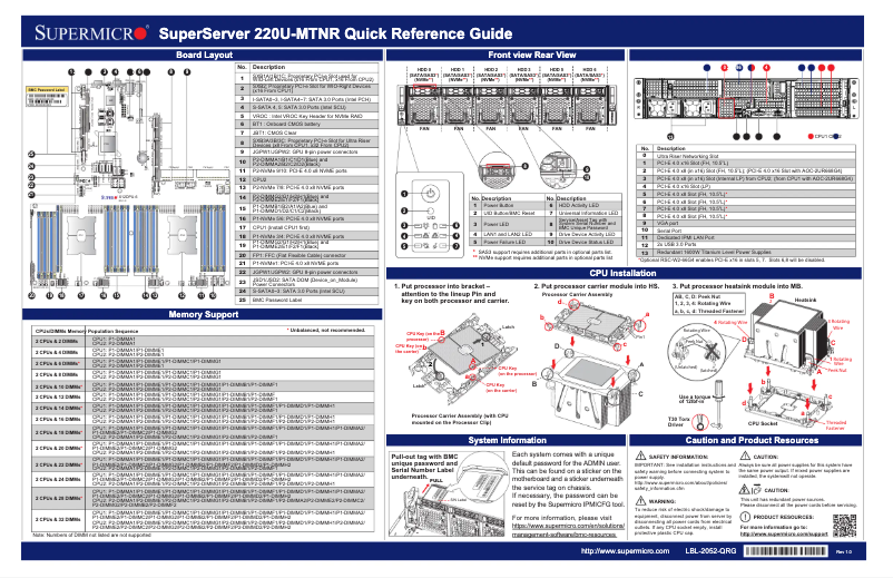 Page 1 de la notice Guide de démarrage rapide Supermicro SuperServer SYS-220U-MTNR