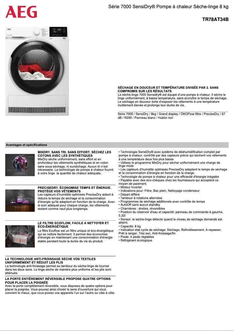 Page 1 de la notice Fiche technique AEG TR78AT34B