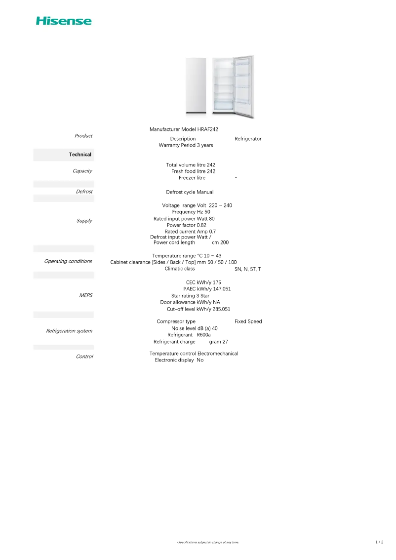 Page 1 de la notice Fiche technique Hisense HRAF242