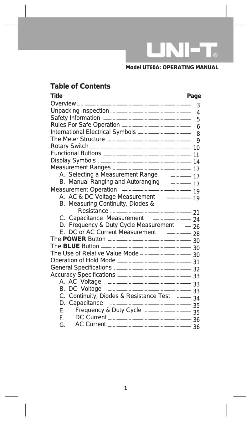Page 1 de la notice Manuel utilisateur Uni-T UT60A