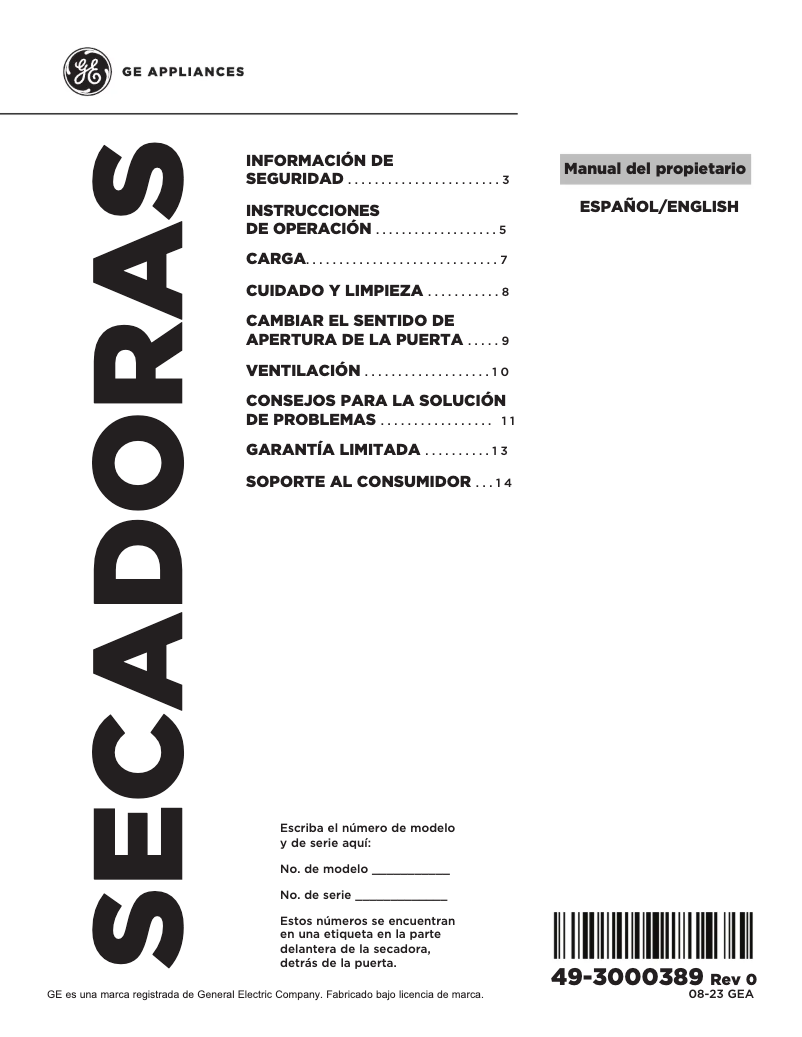 Página 1 del manual Manual de usuario GE ETD48EASWWB