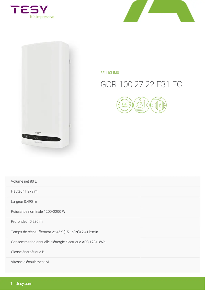 Página 1 del manual Ficha técnica Tesy BelliSlimo 100