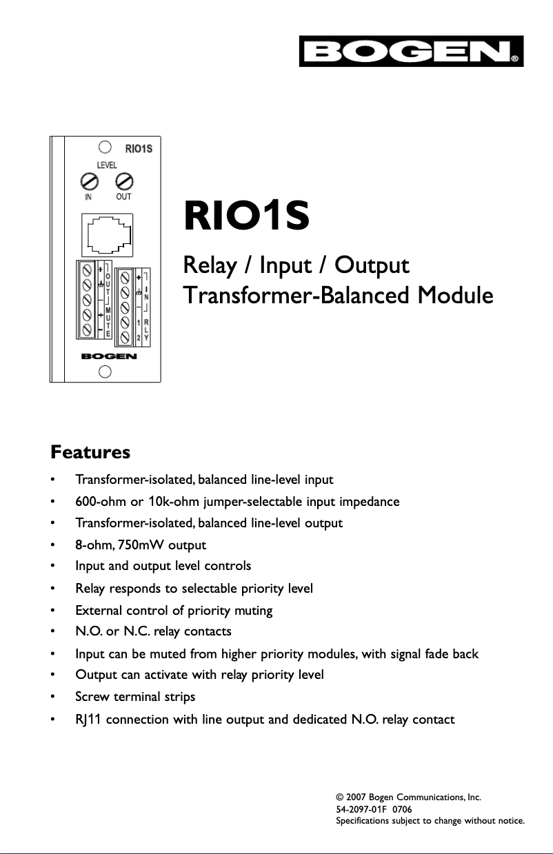 Page 1 de la notice Manuel utilisateur Bogen RIO1S