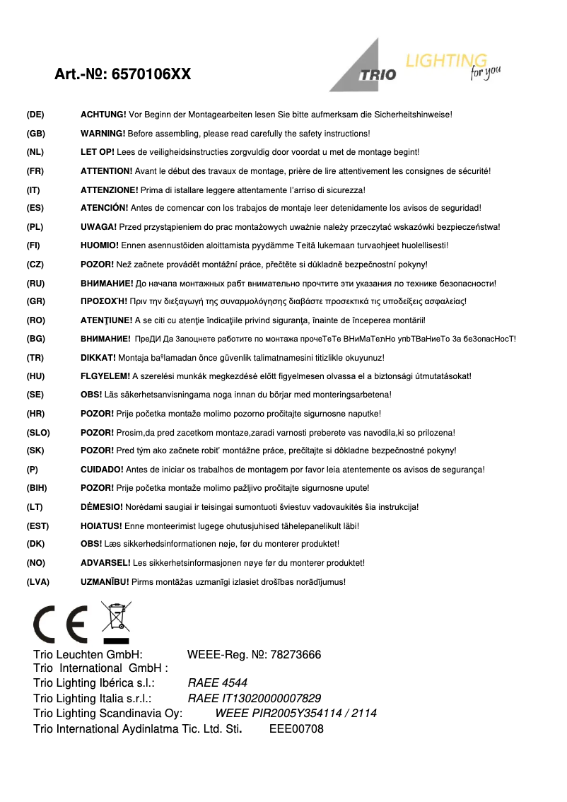 Page 1 de la notice Manuel utilisateur Trio Lighting Cento 657010601
