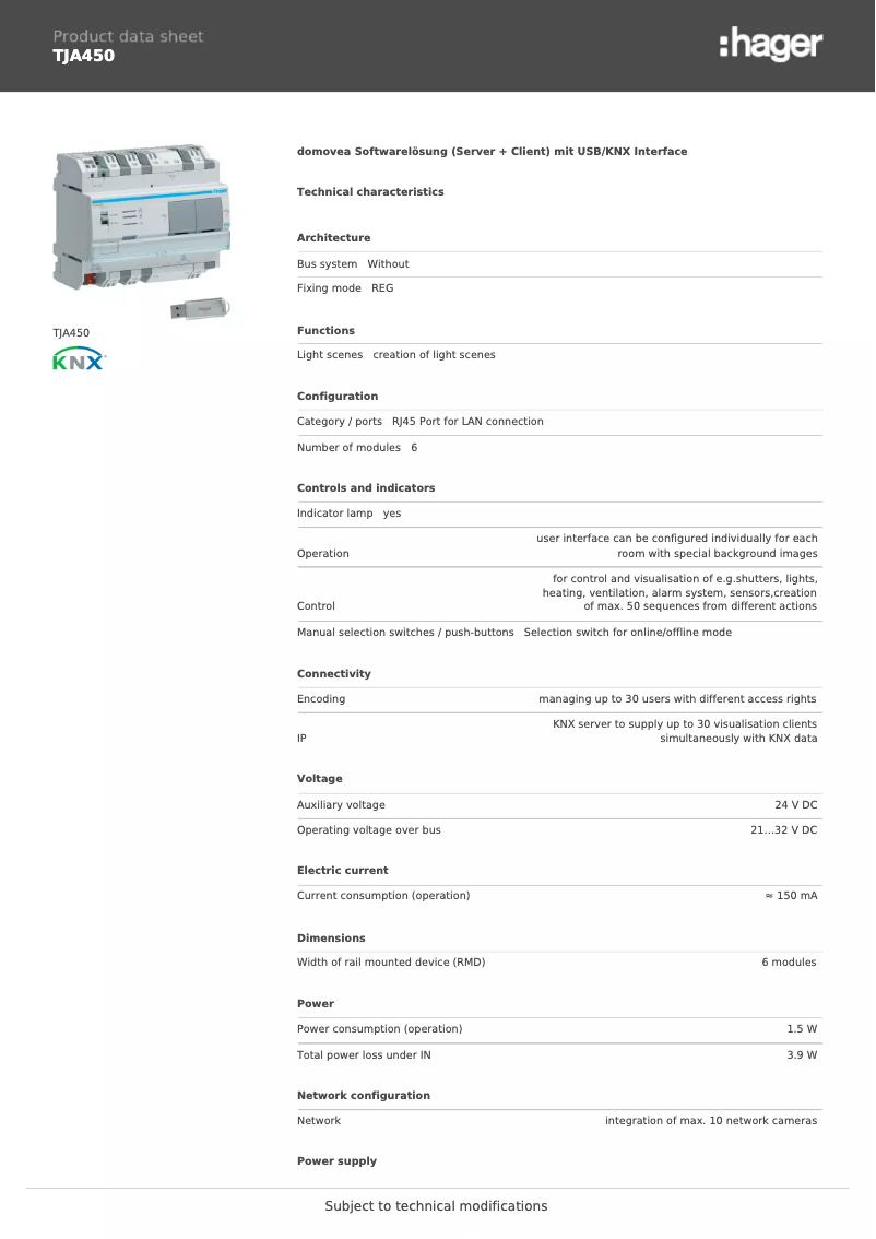 Page 1 de la notice Fiche technique Hager TJA450