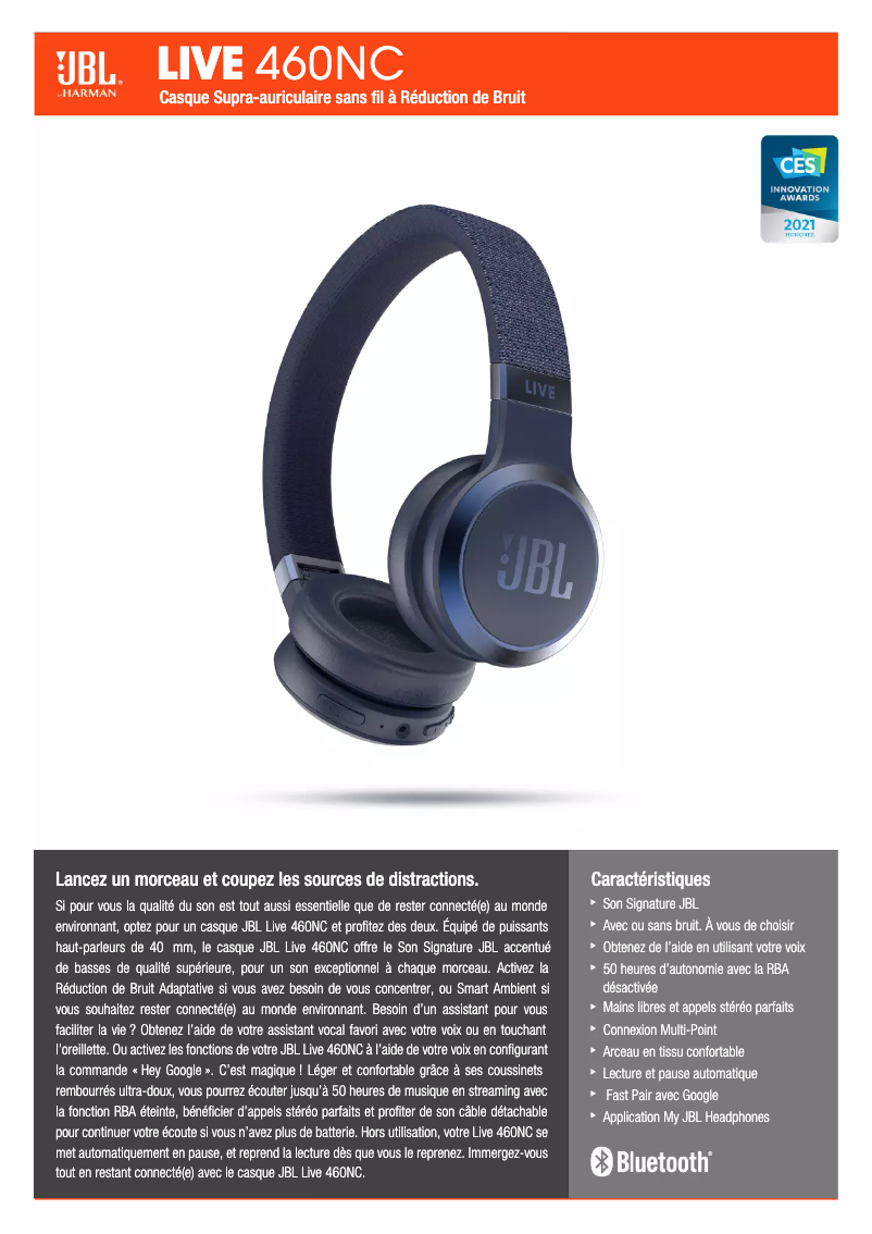 Page 1 de la notice Fiche technique JBL Live 460NC