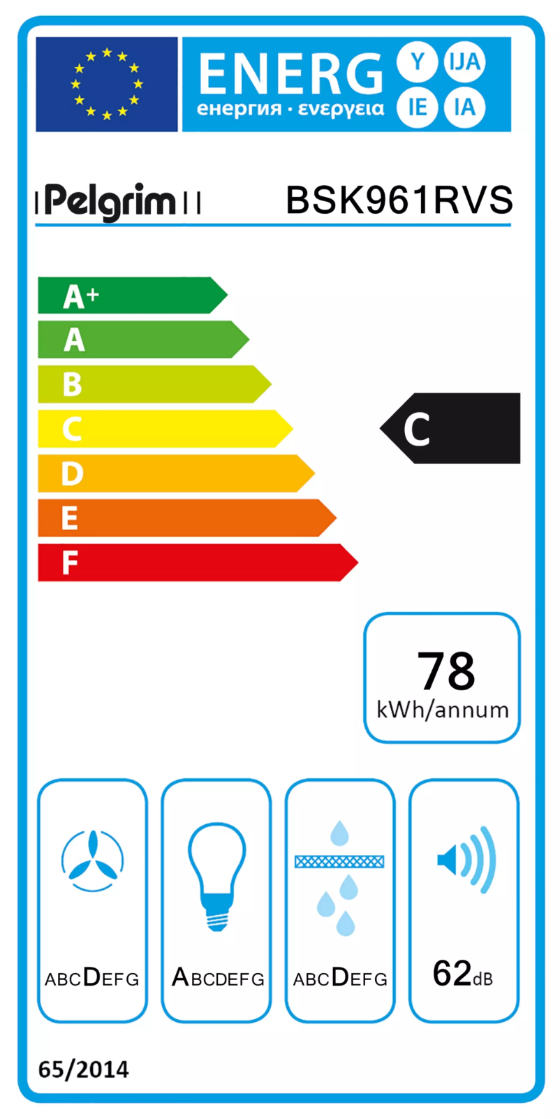 Page 1 de la notice Label énergétique Pelgrim BSK961RVS