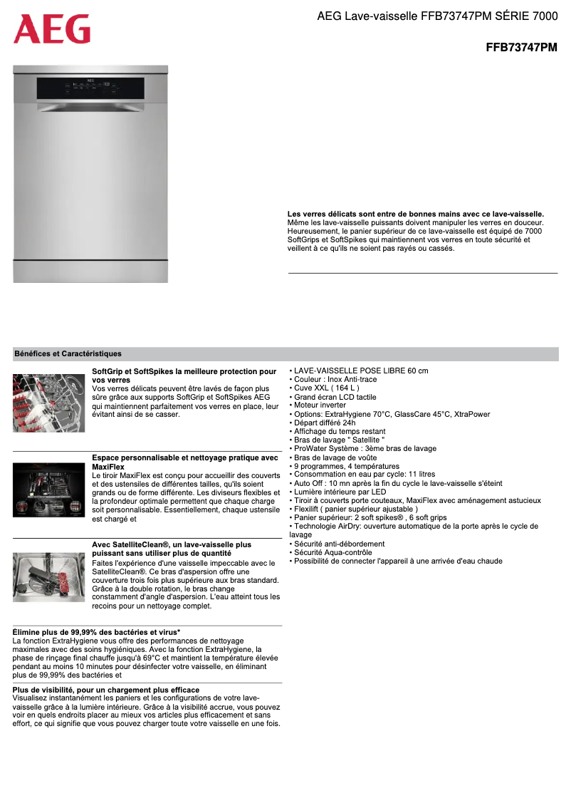 Page 1 de la notice Fiche technique AEG FFB73747PM