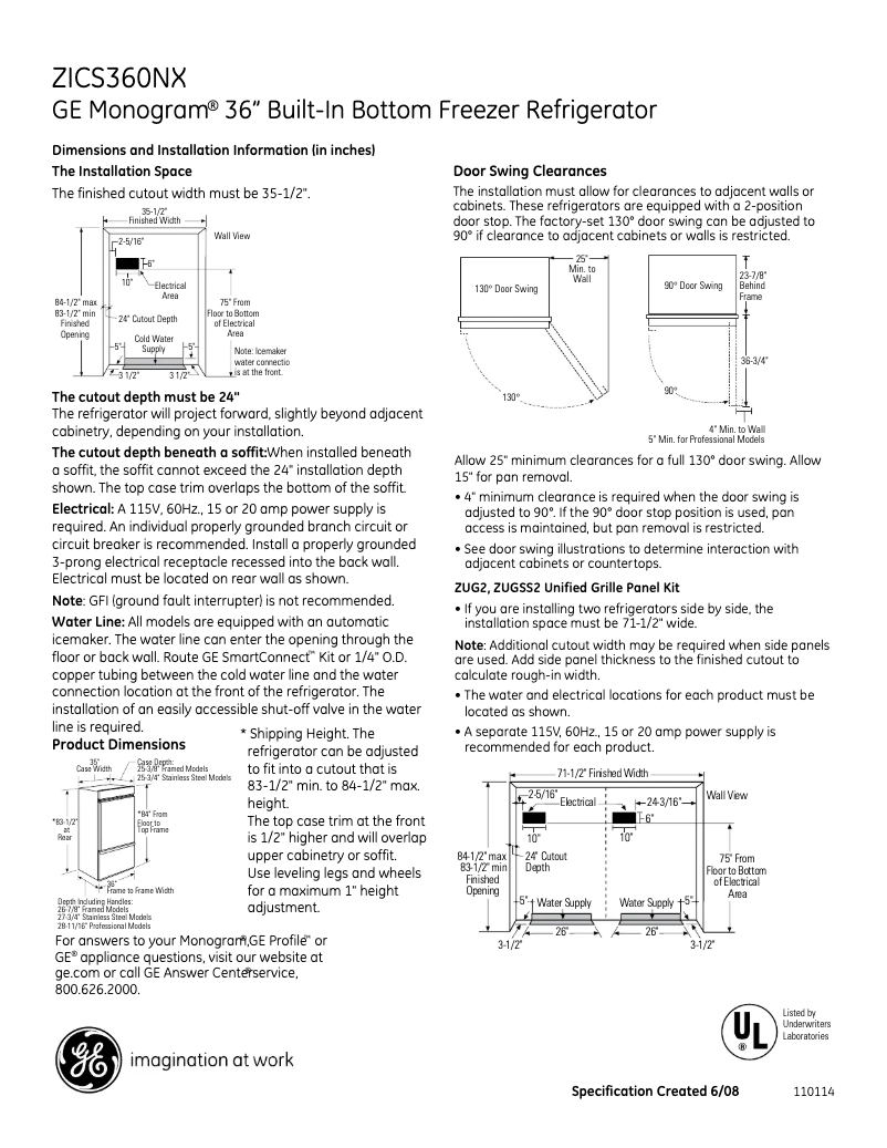 Página 1 del manual Ficha técnica GE ZICS360NXRH