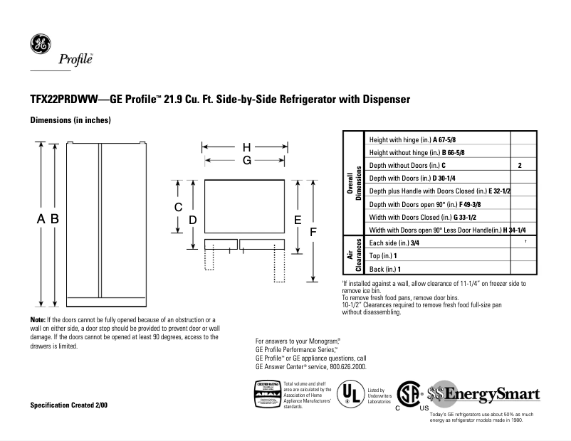 Page n°1 - Fiche technique GE Profile TFX22PRDWW