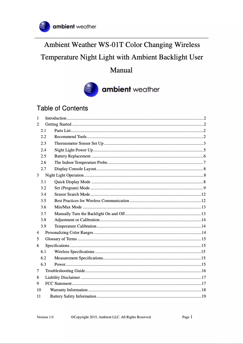 Page 1 de la notice Manuel utilisateur Ambient Weather WS-01T