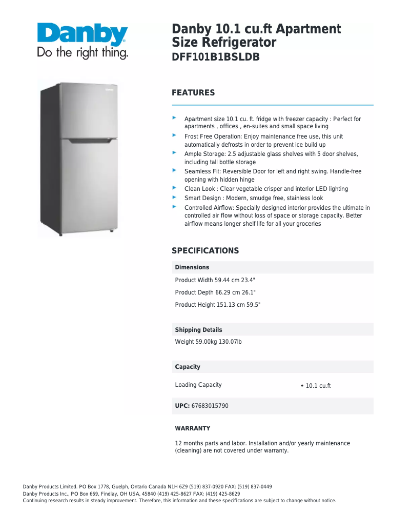 Page 1 de la notice Fiche technique Danby DFF101B1BSLDB