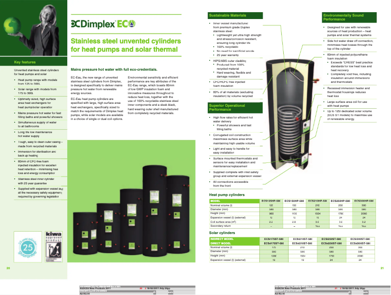 Page 1 de la notice Fiche technique Dimplex ECS210HP-580