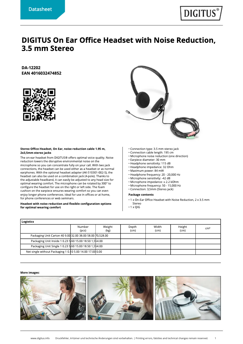 Page 1 de la notice Fiche technique Digitus DA-12202