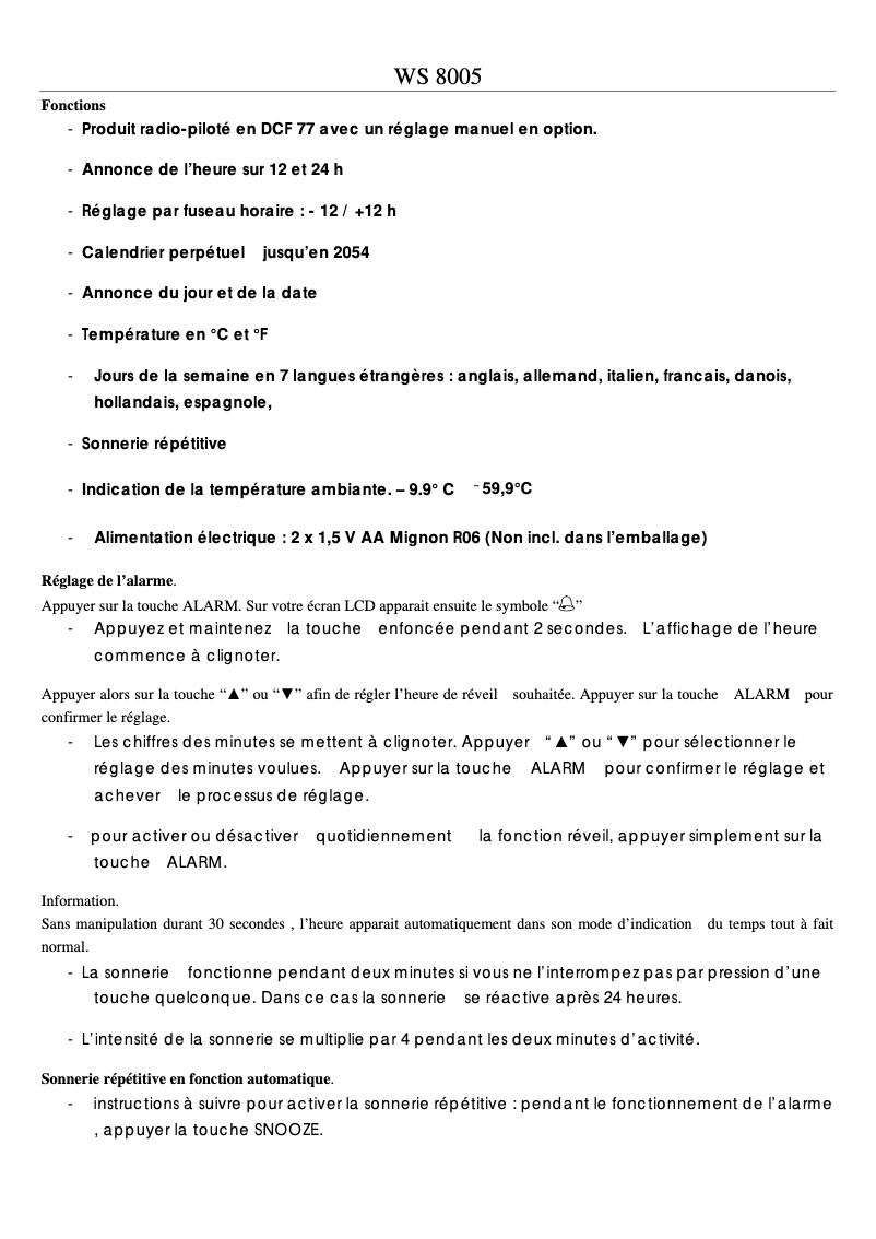 Page 1 de la notice Manuel utilisateur Techno Line WS 8005