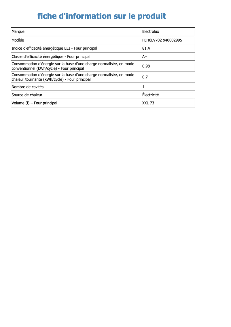 Page 1 de la notice Fiche technique Electrolux FEH6LV702