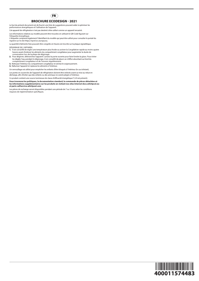 Page 1 de la notice Guide d'installation Whirlpool WHM39112