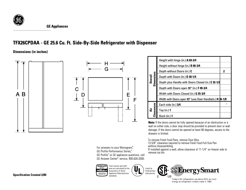 Page 1 of the manual Technical Sheet GE TFX26CPDAA