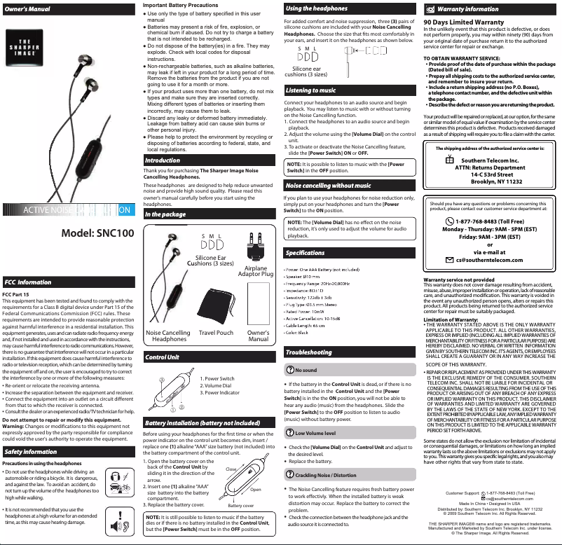 Page 1 de la notice Manuel utilisateur Sharper Image SNC100