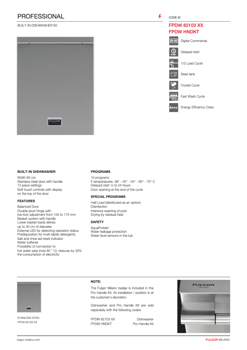Page 1 of the manual Technical Sheet Fulgor Milano FPDW 82103 XX