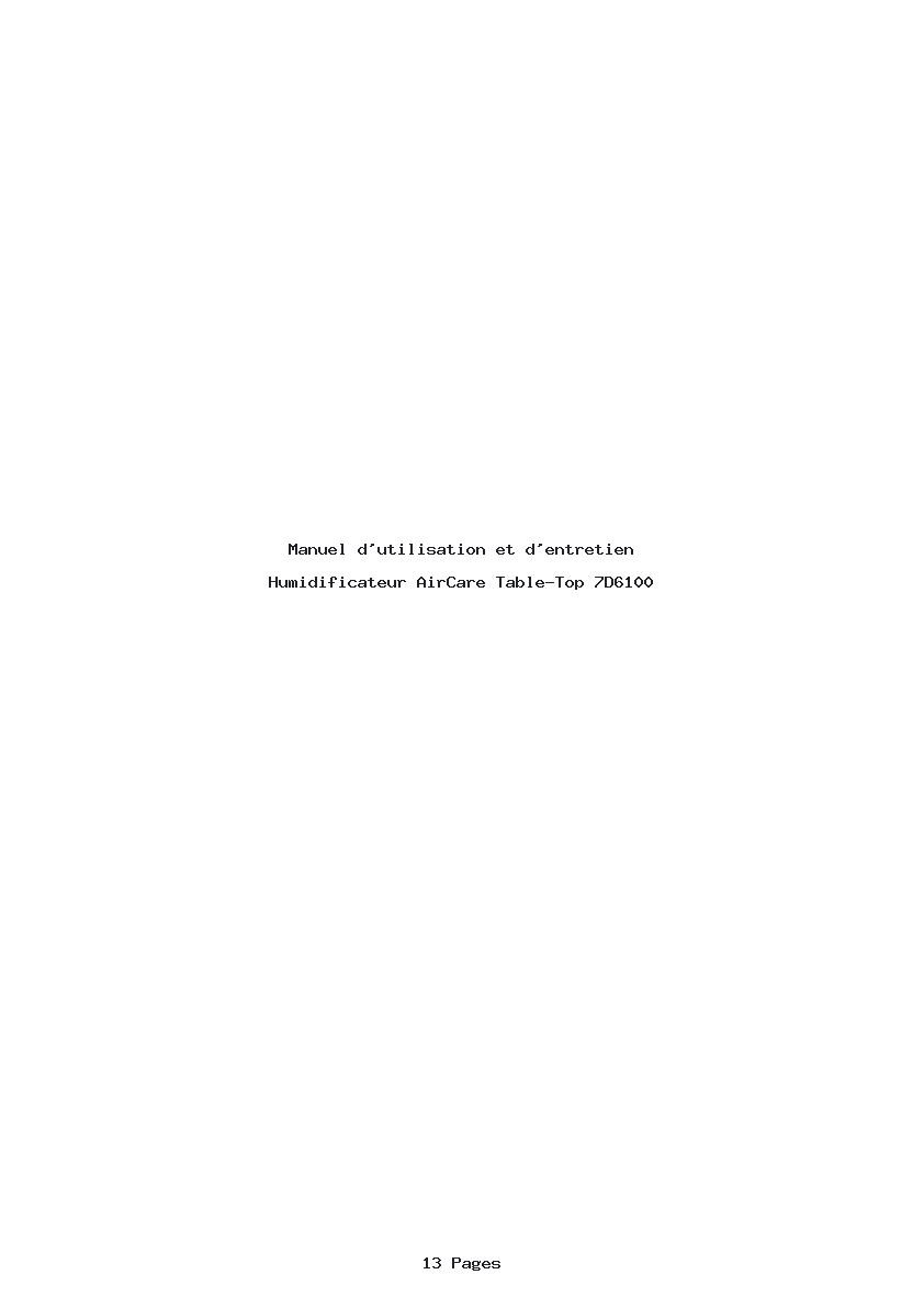 Page 1 de la notice Manuel d'utilisation et d'entretien AirCare Table-Top 7D6100