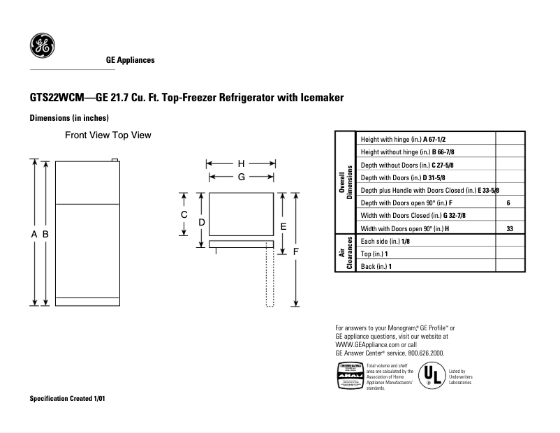 Page 1 de la notice Fiche technique GE GTS22WCMBB