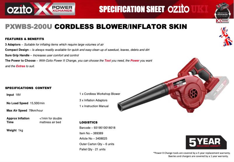 Page 1 de la notice Fiche technique Ozito PXWBS-200U