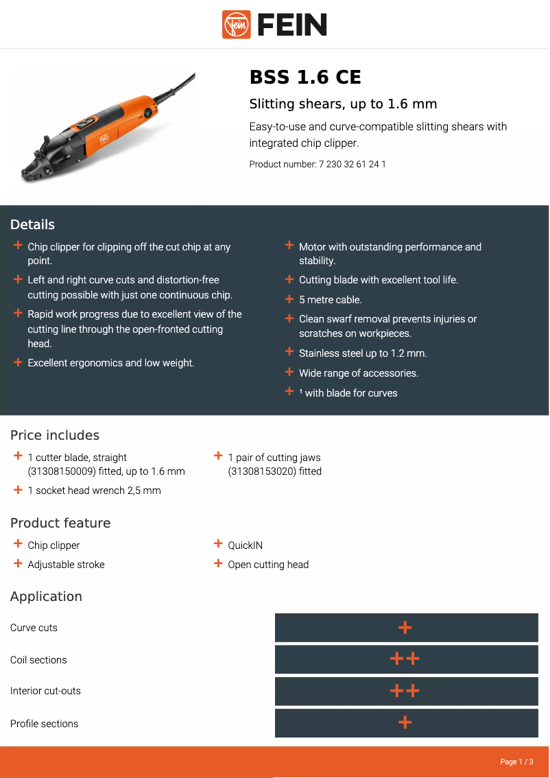 Page 1 de la notice Fiche technique Fein BSS 1.6 CE