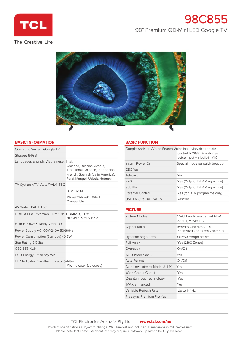 Página 1 del manual Ficha técnica TCL 98C855