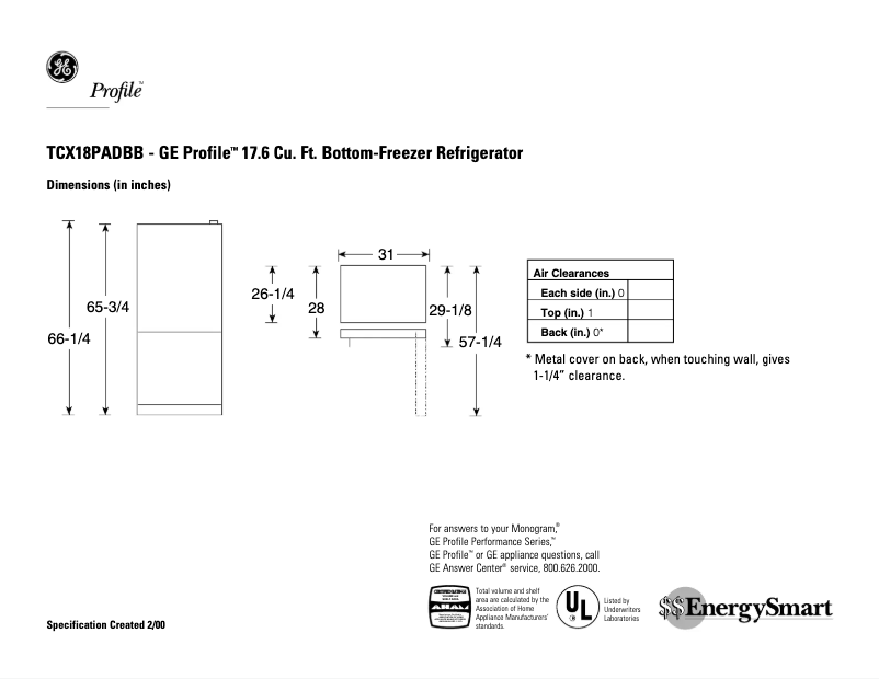 Page 1 de la notice Fiche technique GE Profile TCX18PADBB