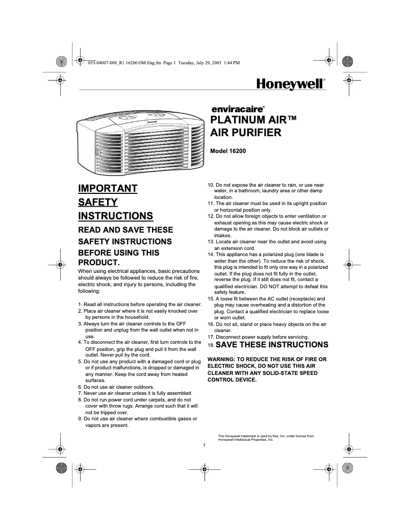 Page 1 de la notice Manuel utilisateur Honeywell Platinum Air 16200