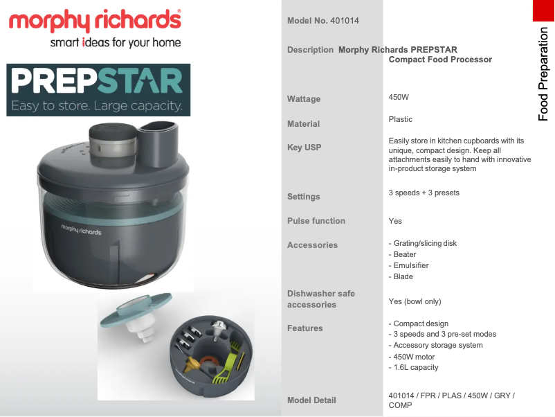 Page 1 de la notice Fiche technique Morphy Richards Prepstar 401014