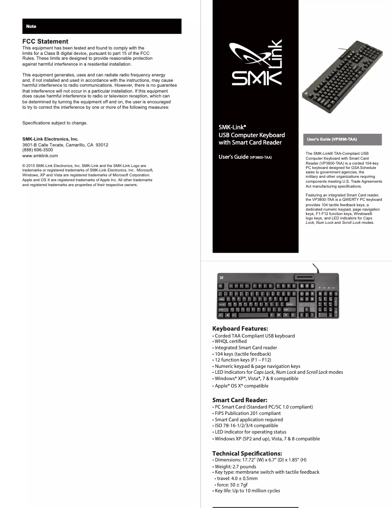 Page 1 de la notice Manuel utilisateur SMK-Link VP3800