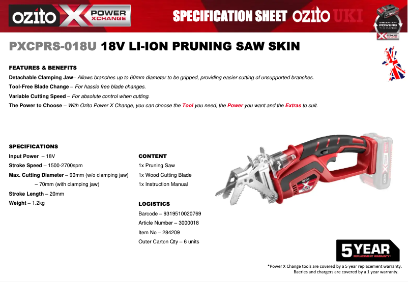 Page 1 de la notice Fiche technique Ozito PXCPRS-018U